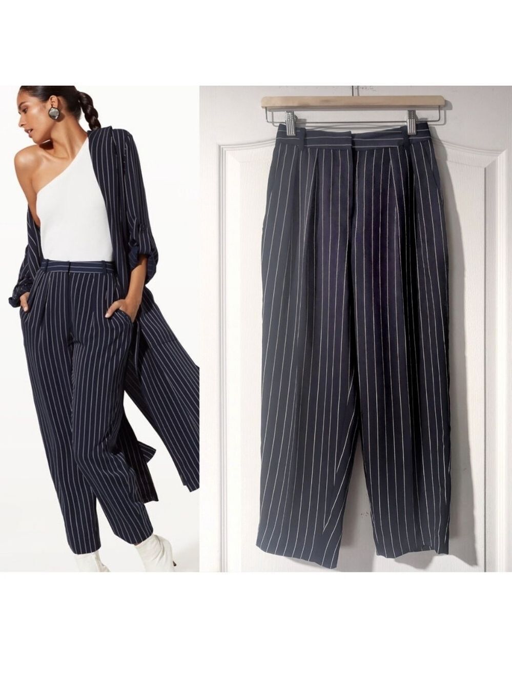 Aritzia Babaton | Modesto Pinstripe Cropped Trousers In Navy/Birch